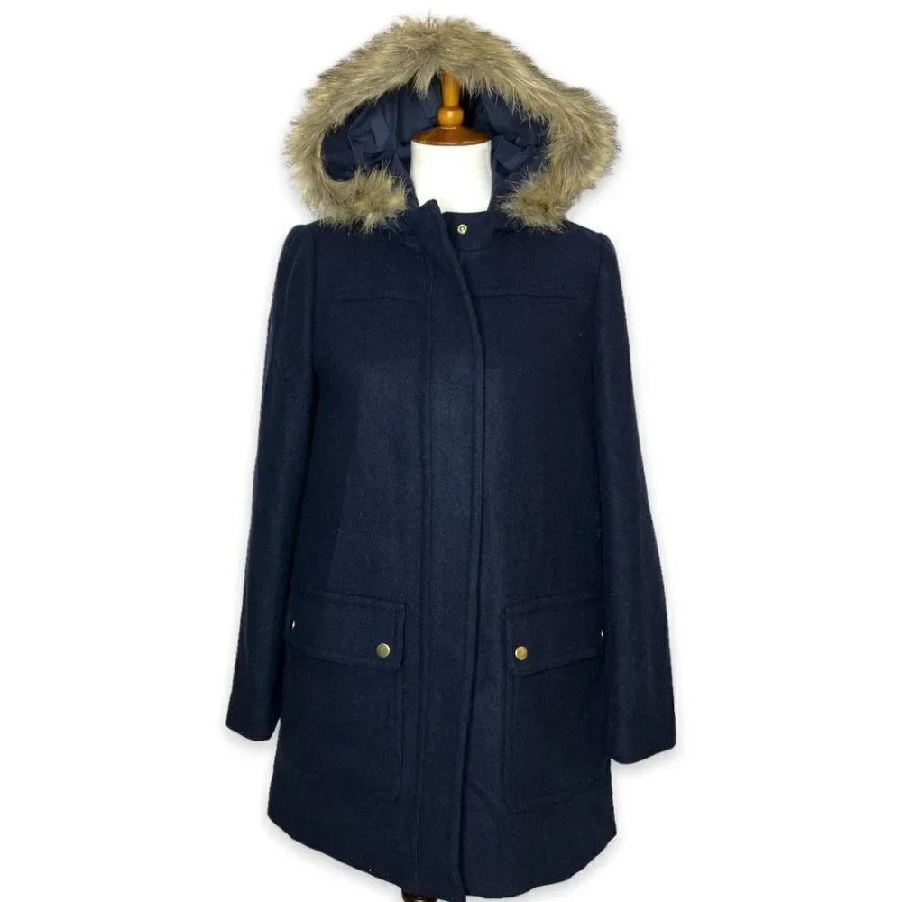 J. Crew Mercantile Faux Fur Hooded Wool Vail Parka Jacket Navy Blue Size 8 - Picture 2 of 9